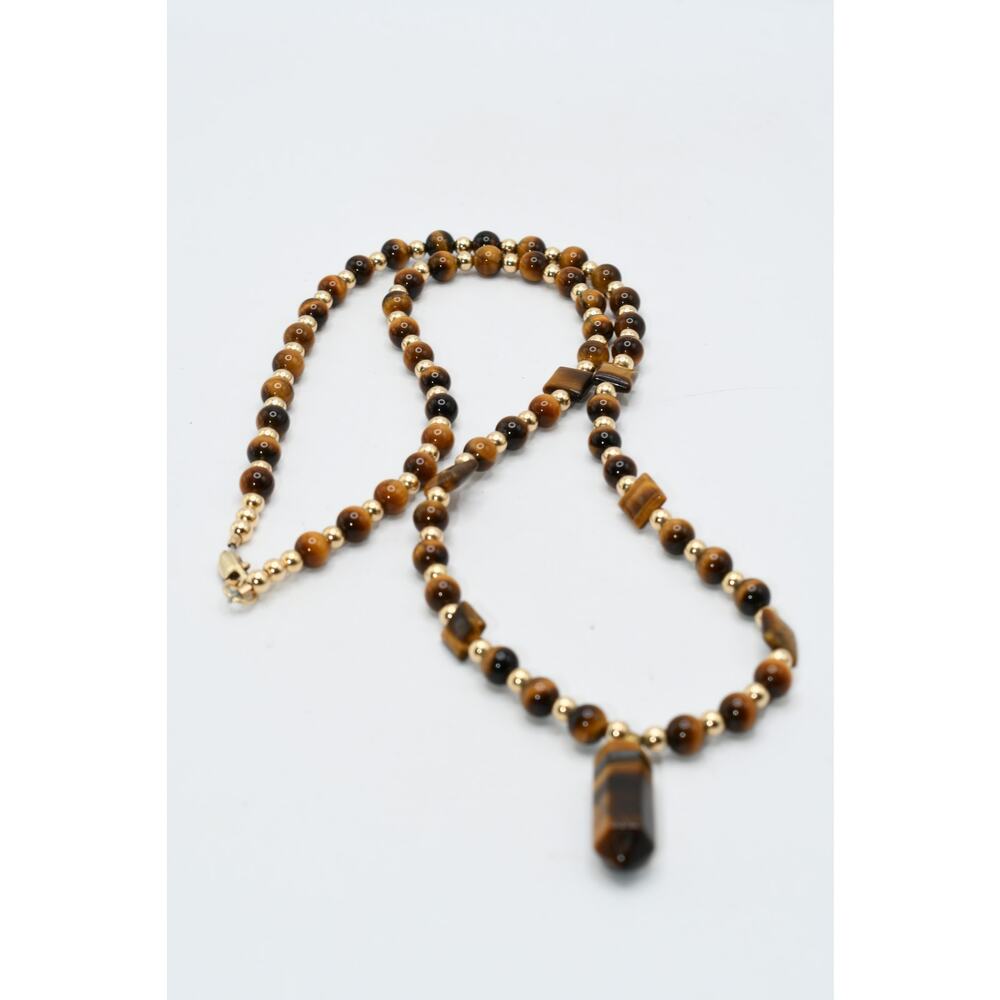 Vintage Tiger’s Eye Gemstone Necklace 24” Gold Tone Pendant Artisan Made